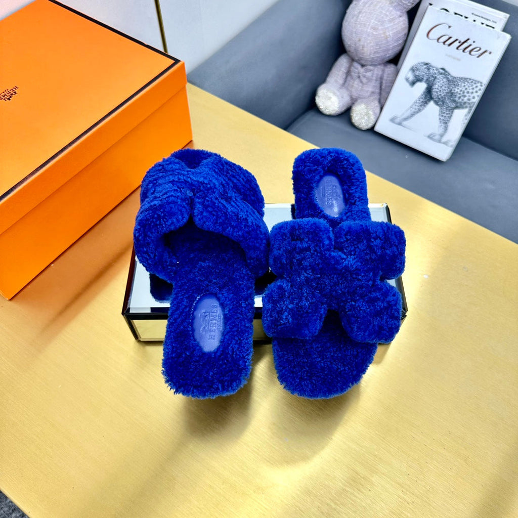 Hermes 0RAN Shearling Sandals Indigo Blue