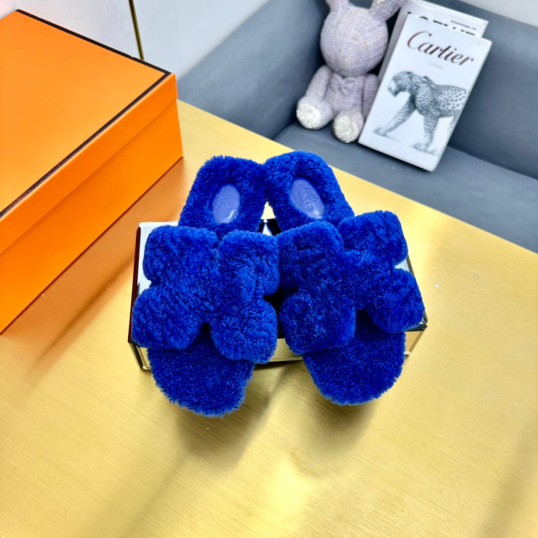 Hermes 0RAN Shearling Sandals Indigo Blue