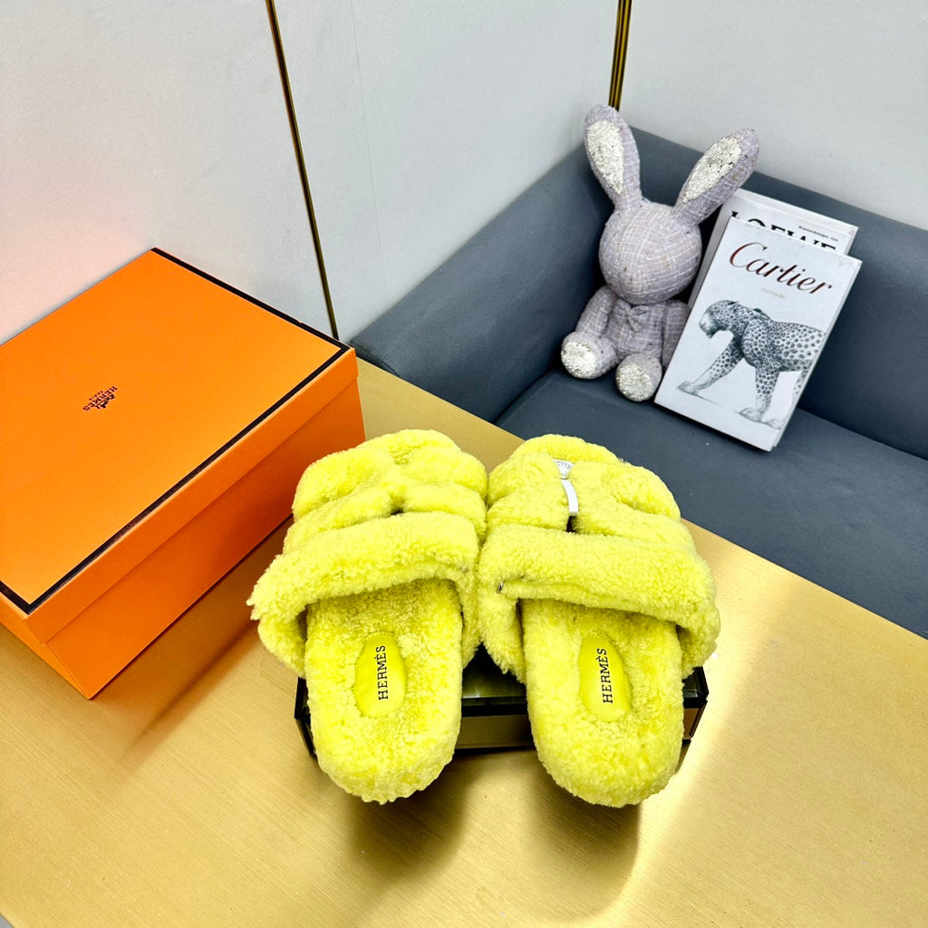 Hermes Chypre Sandal in Sunshine Yellow Shearling