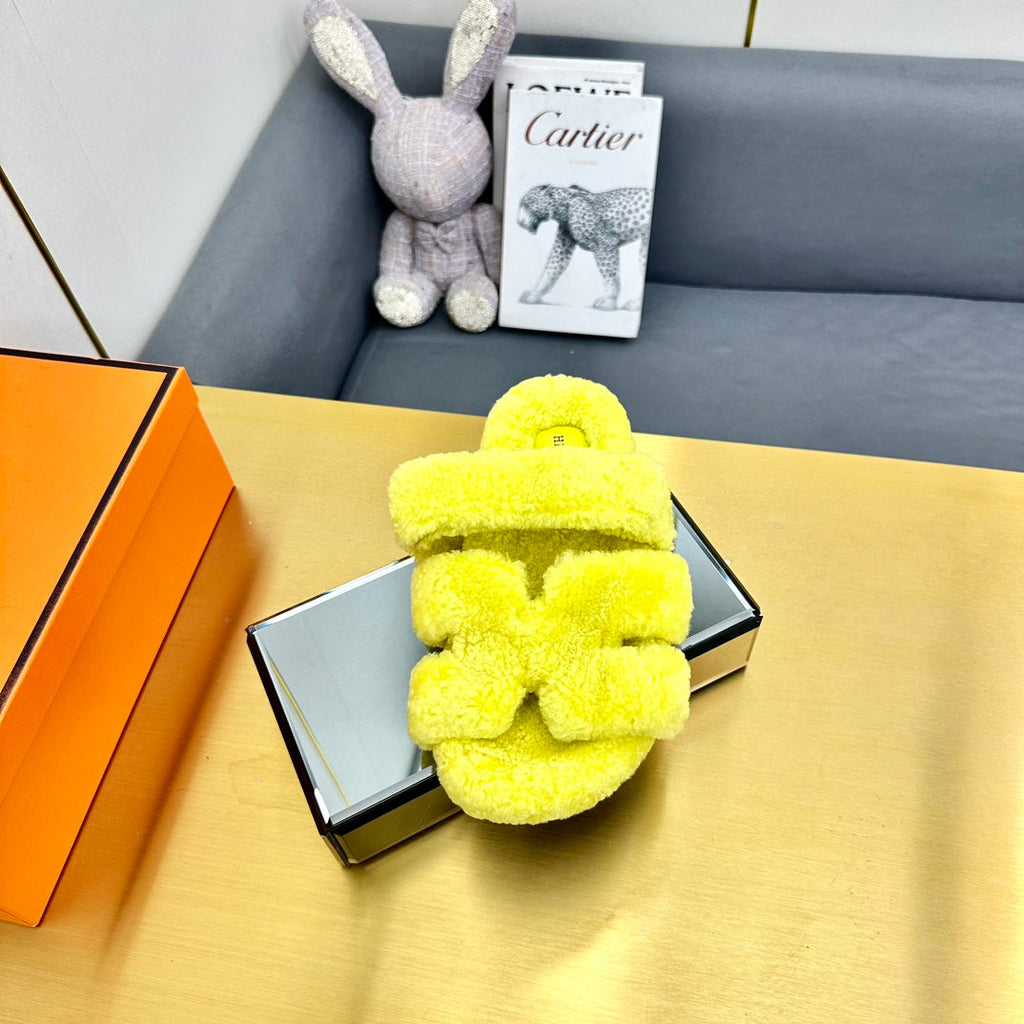 Hermes Chypre Sandal in Sunshine Yellow Shearling