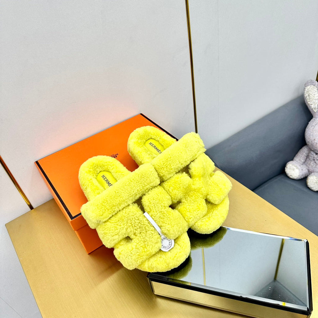 Hermes Chypre Sandal in Sunshine Yellow Shearling