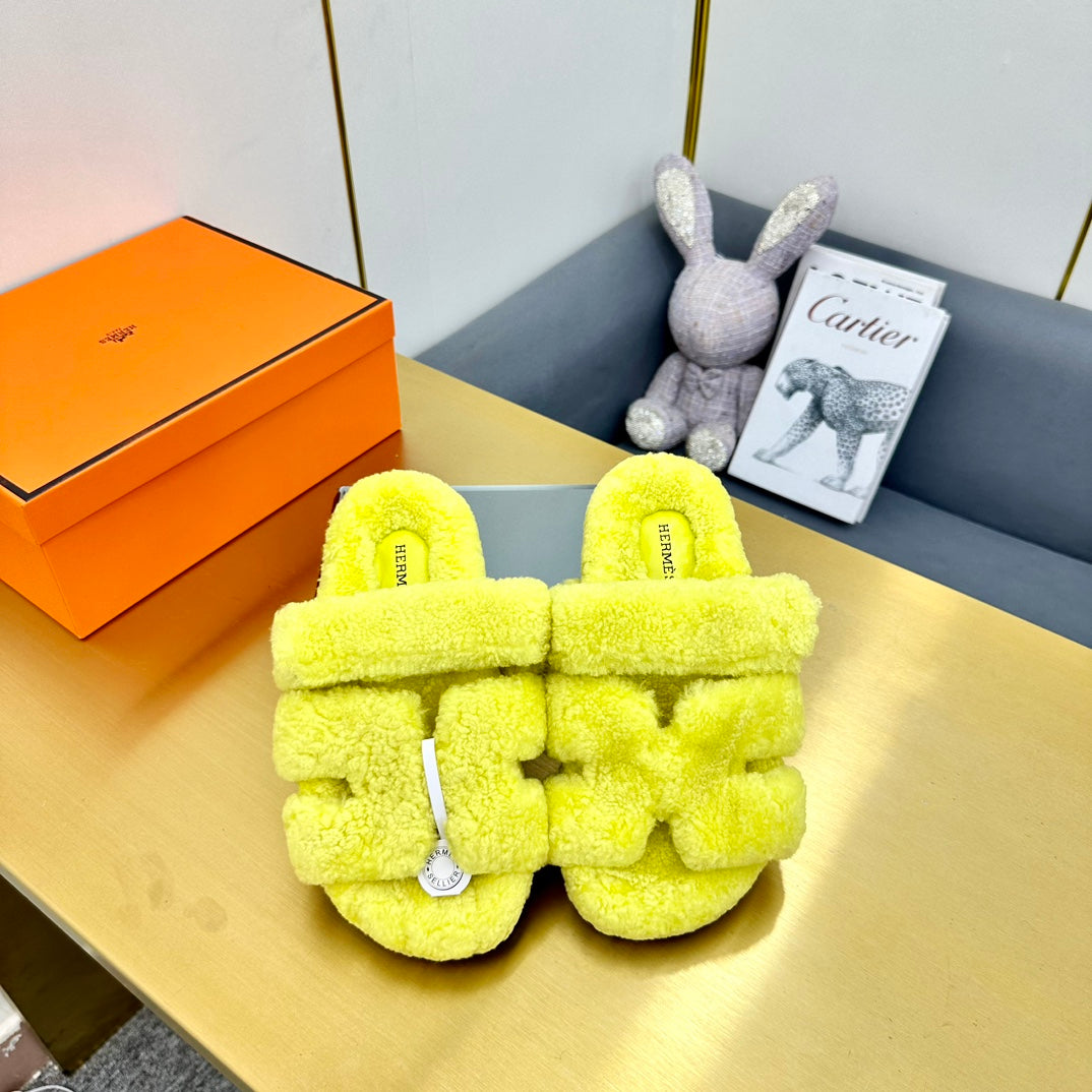 Hermes Chypre Sandal in Sunshine Yellow Shearling