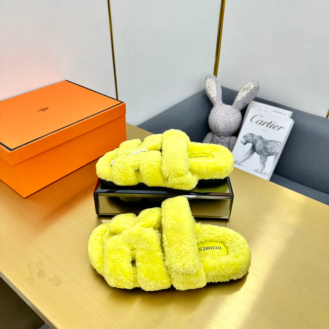 Hermes Chypre Sandal in Sunshine Yellow Shearling