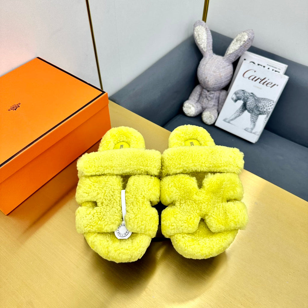 Hermes Chypre Sandal in Sunshine Yellow Shearling