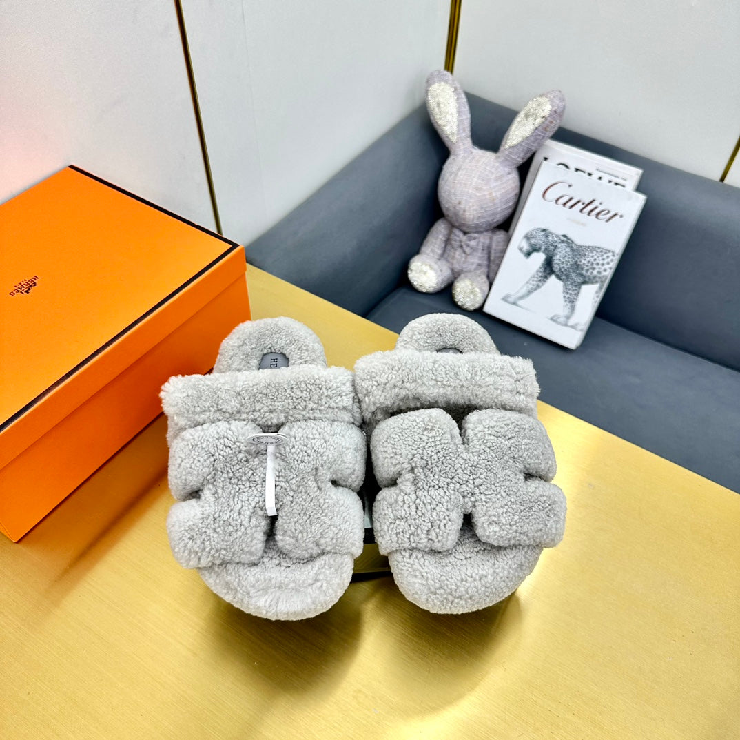 Hermes Chypre Sandal in Pale Gray Shearling