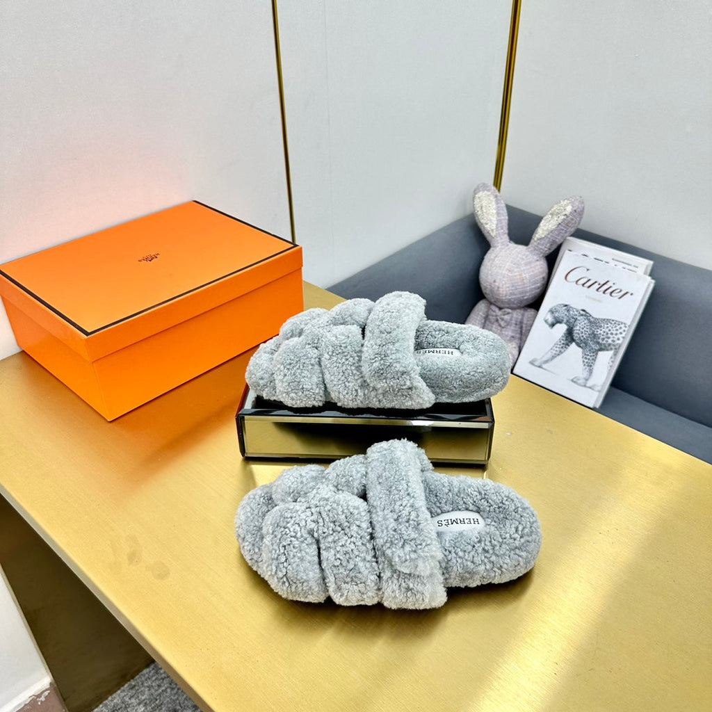 Hermes Chypre Sandal in Cloud Gray Shearling