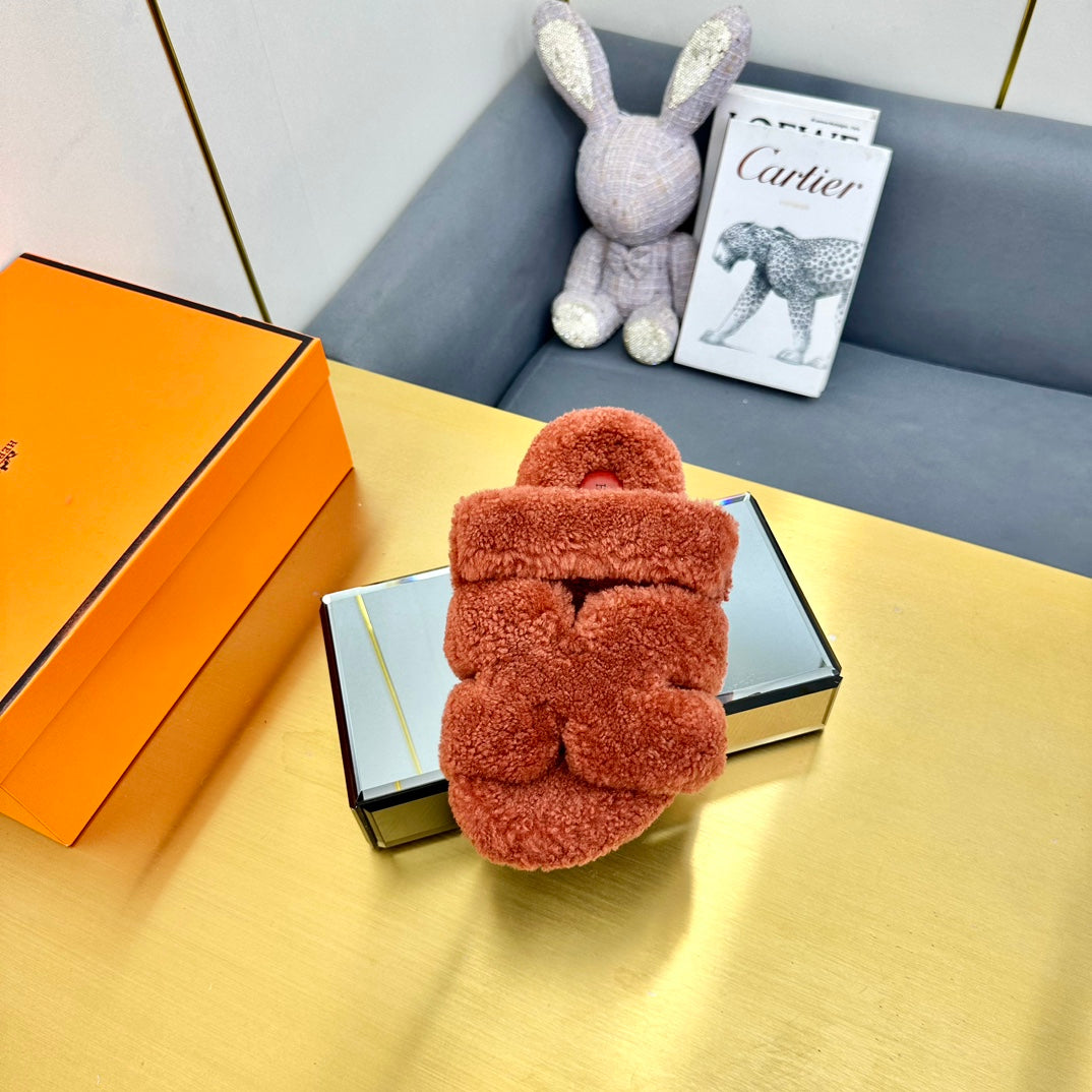 Hermes Chypre Sandal in Bronze Brown Shearling