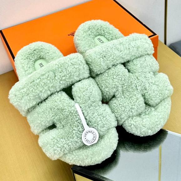 Hermes Chypre Sandal in Pastel Green Shearling