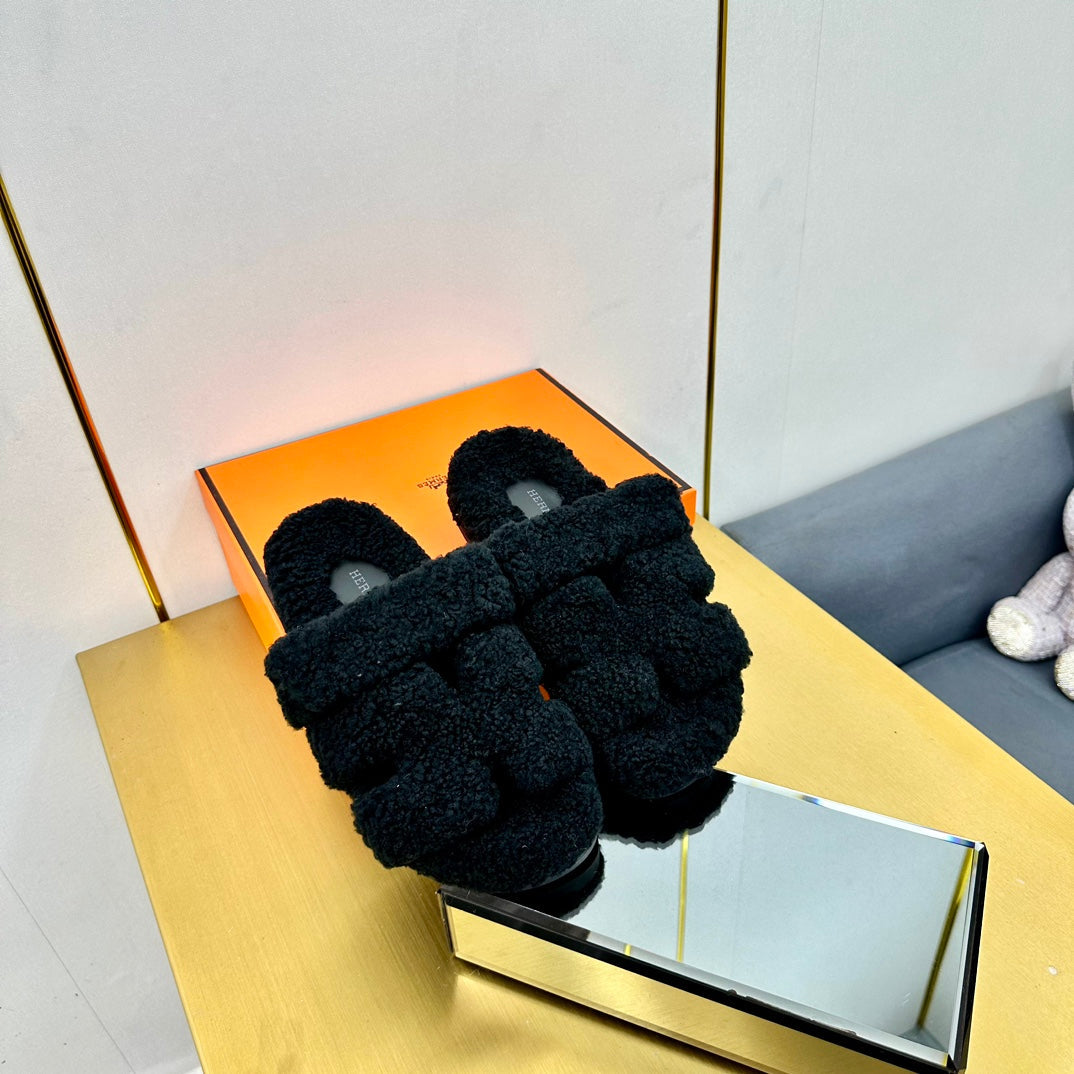 Hermes Chypre Sandal in Black Shearling
