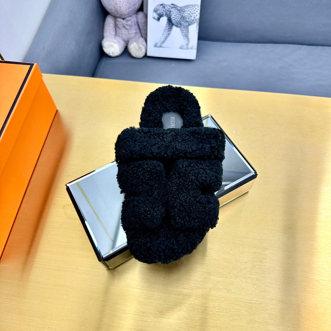 Hermes Chypre Sandal in Black Shearling