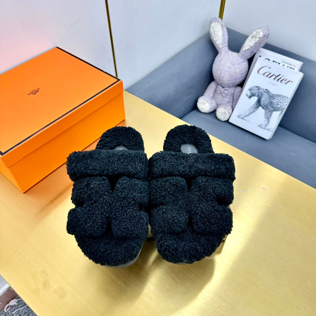 Hermes Chypre Sandal in Black Shearling