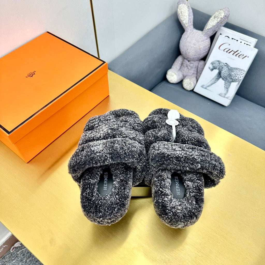 Hermes Chypre Sandal in Dark Gray Shearling