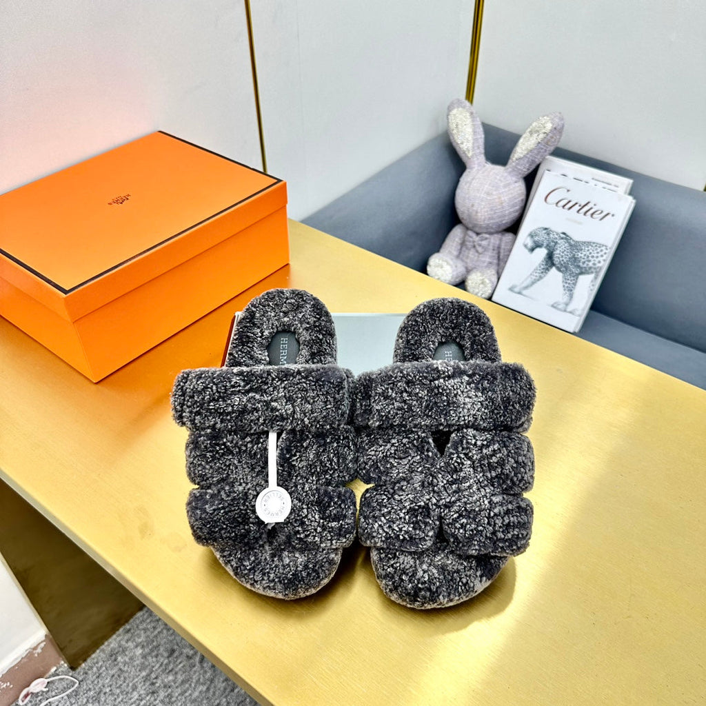 Hermes Chypre Sandal in Dark Gray Shearling