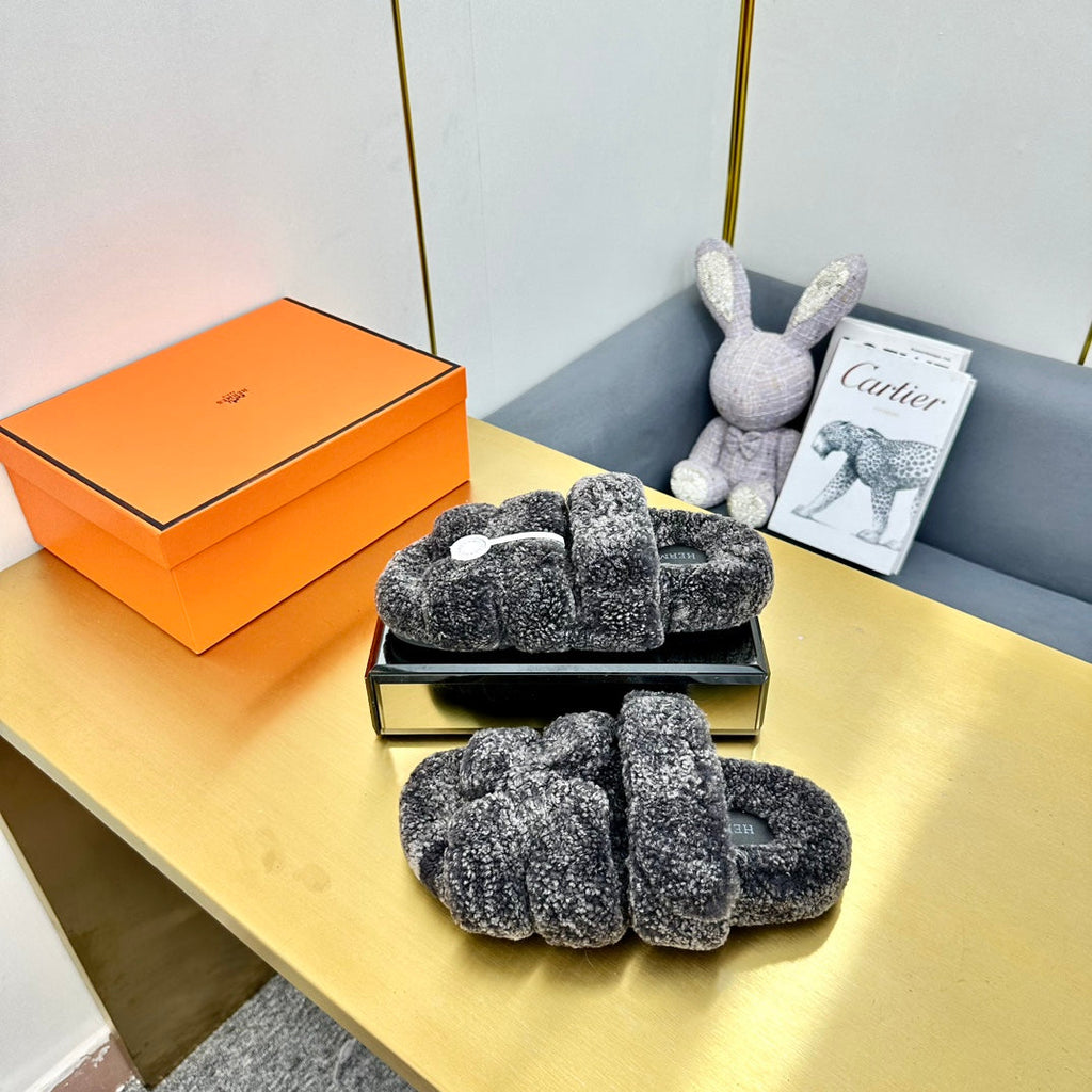 Hermes Chypre Sandal in Dark Gray Shearling