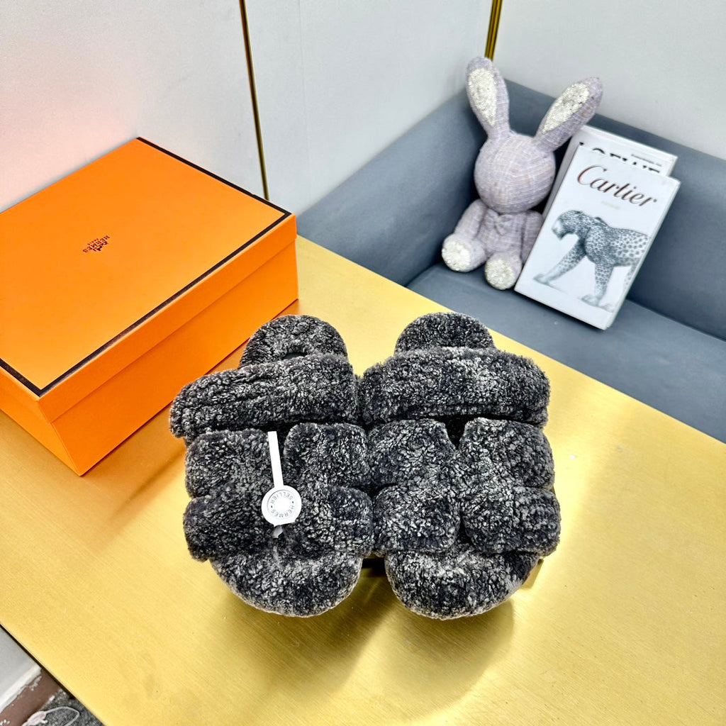 Hermes Chypre Sandal in Dark Gray Shearling