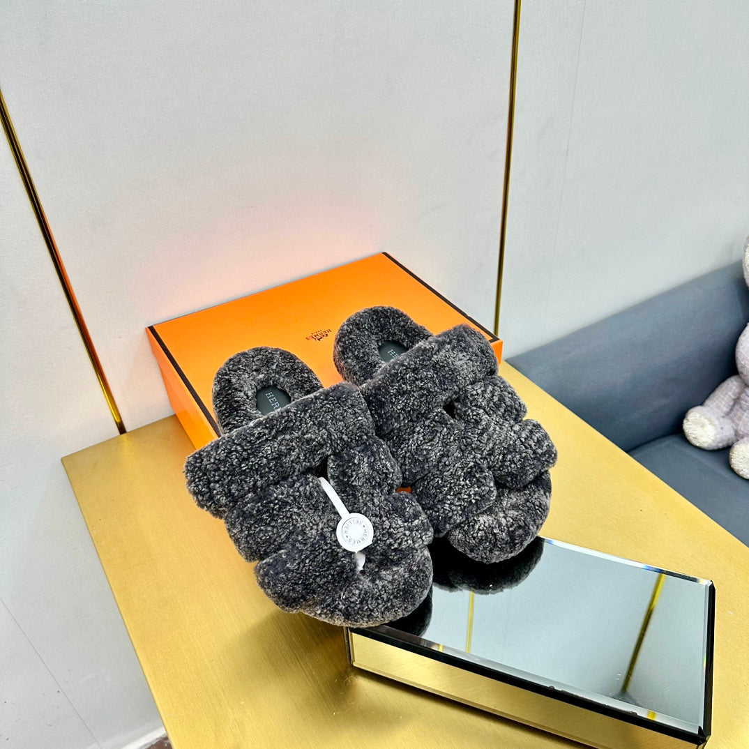 Hermes Chypre Sandal in Dark Gray Shearling