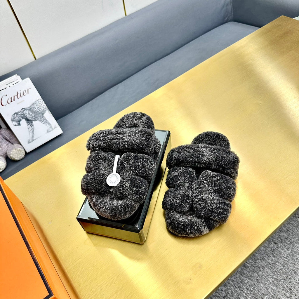 Hermes Chypre Sandal in Dark Gray Shearling