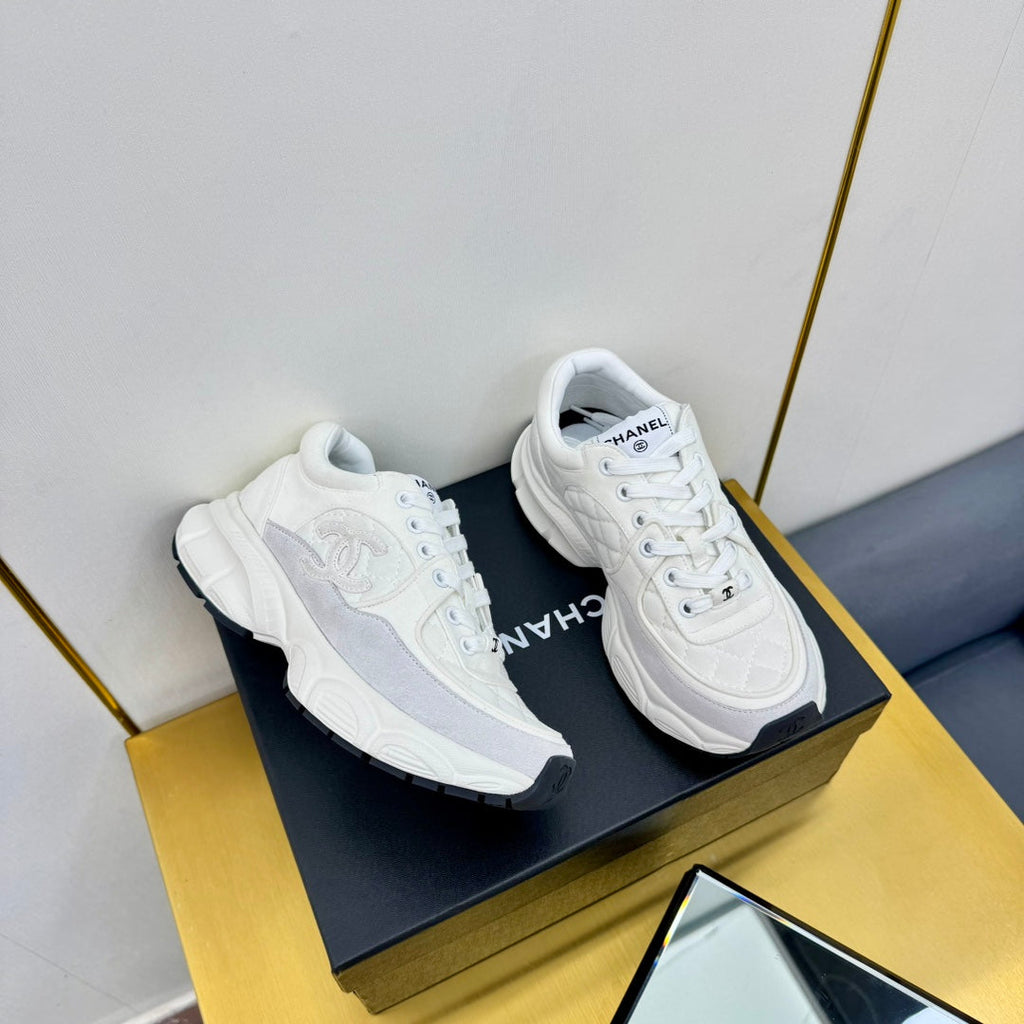 Chanel Dad Sneaker in White Lambskin and Suede