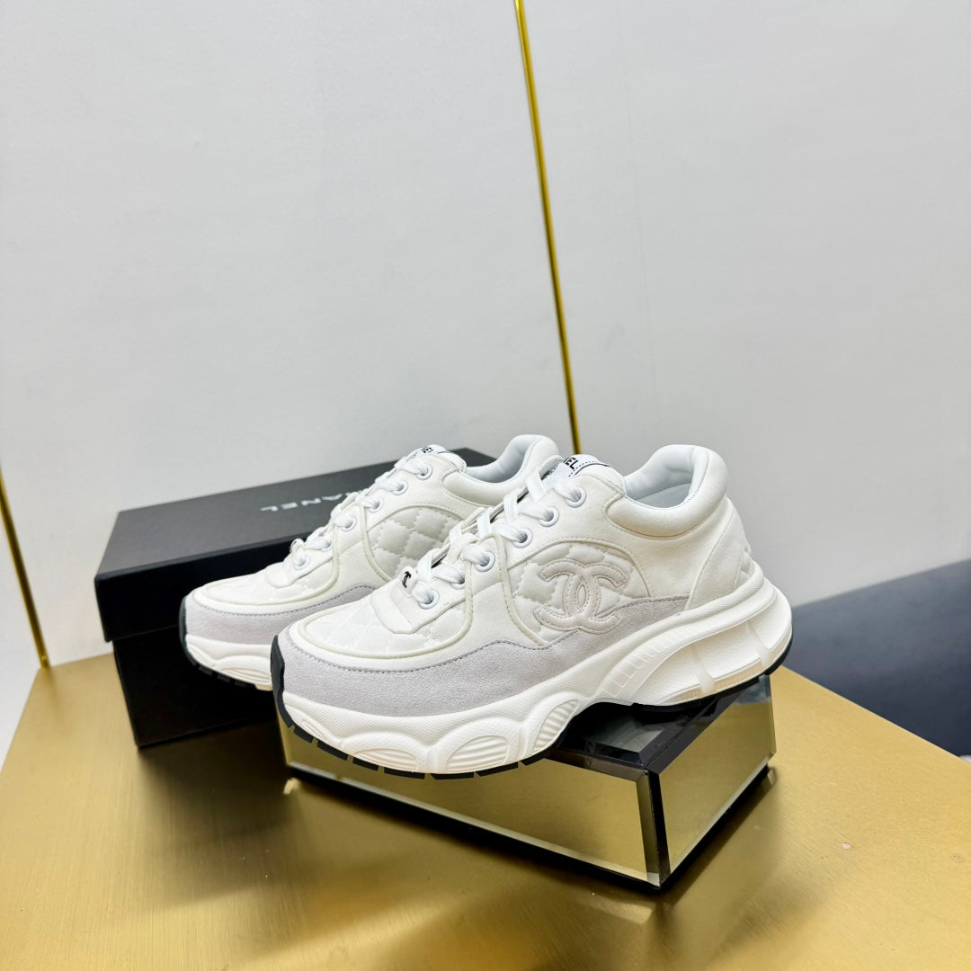 Chanel Dad Sneaker in White Lambskin and Suede