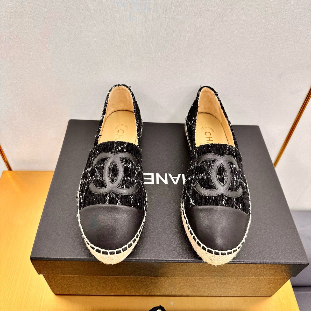 Chanel Espadrilles Platform 25S in Black Tweed and Lambskin with White Stripes