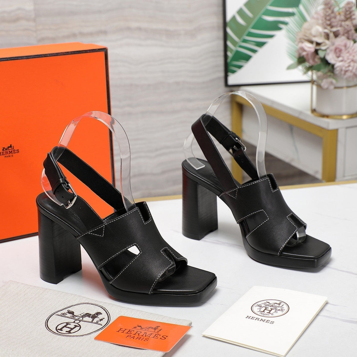 Hermes Eris 95 Sandal Black Calfskin