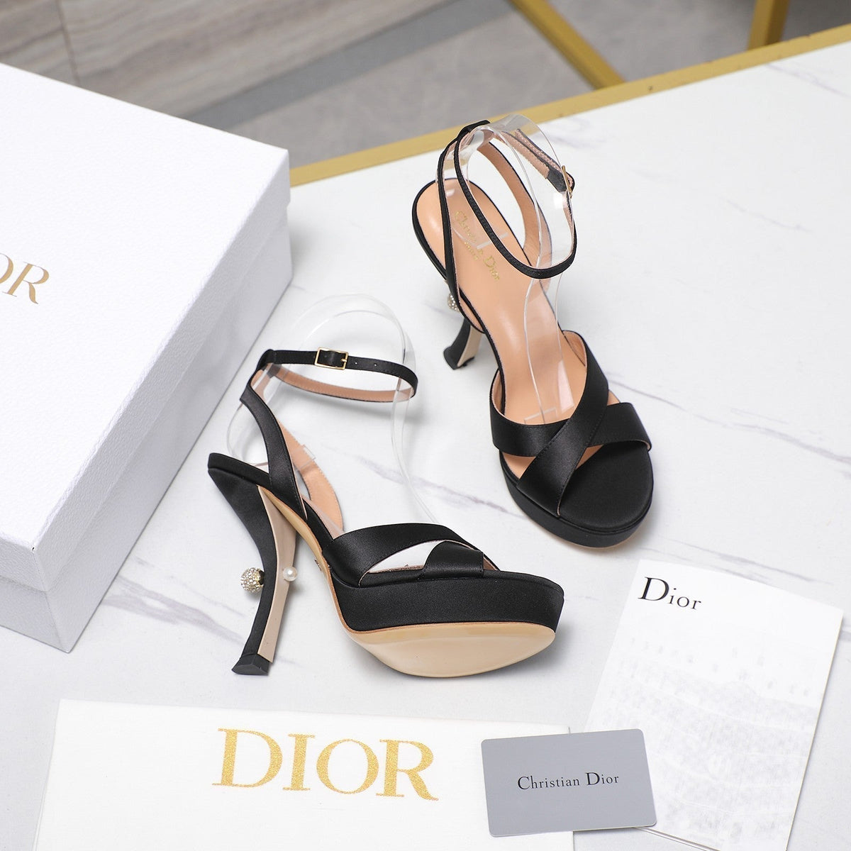 Dior Pearl-Embellished High Heel Sandals 25S 115 mm in Black Satin