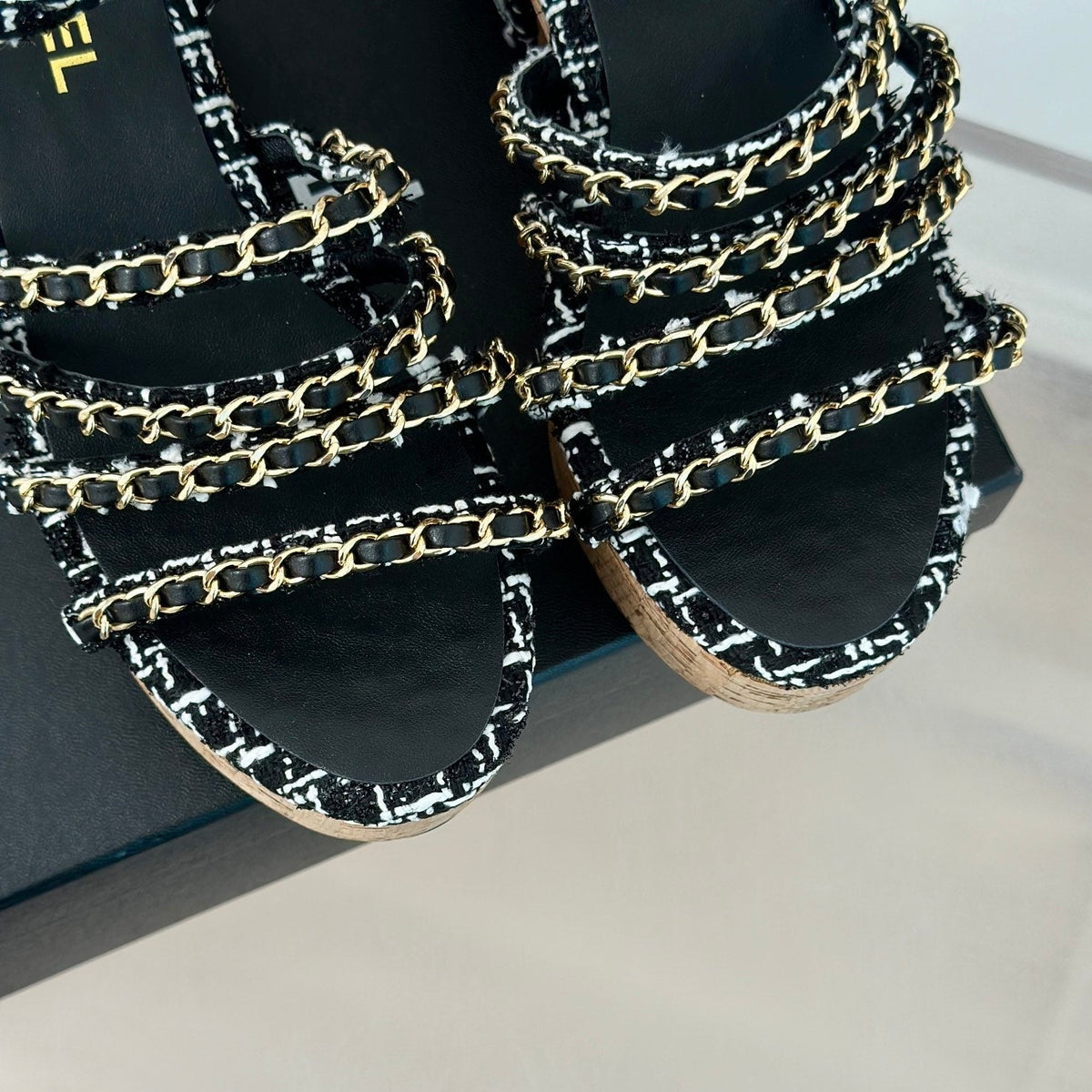 Chanel Double C Wooden Chain Platform Block Heel Sandals White Caro/ Black