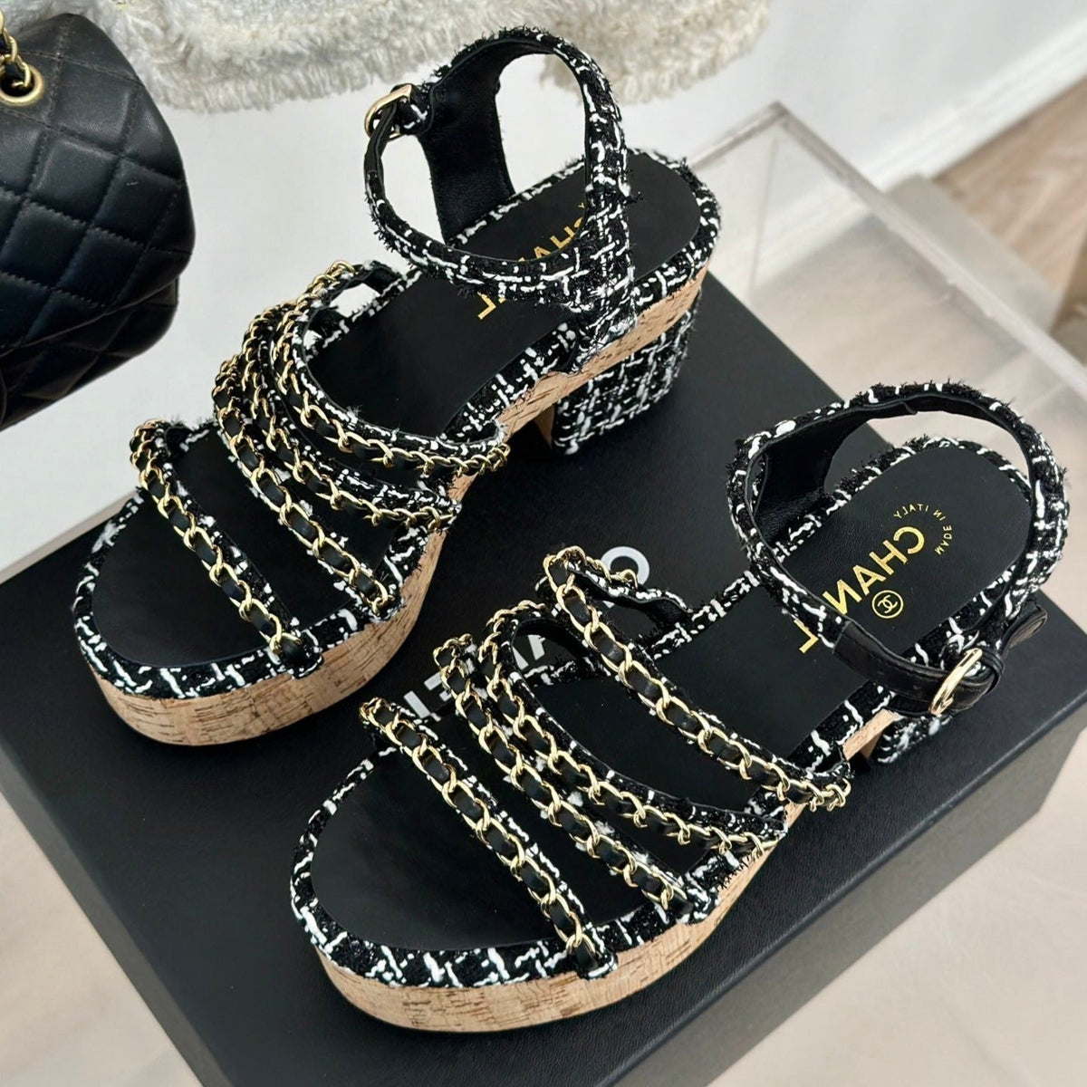 Chanel Double C Wooden Chain Platform Block Heel Sandals White Caro/ Black