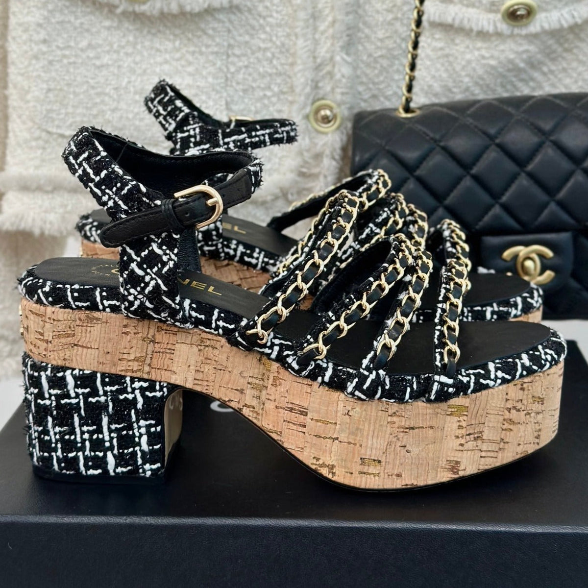 Chanel Double C Wooden Chain Platform Block Heel Sandals White Caro/ Black