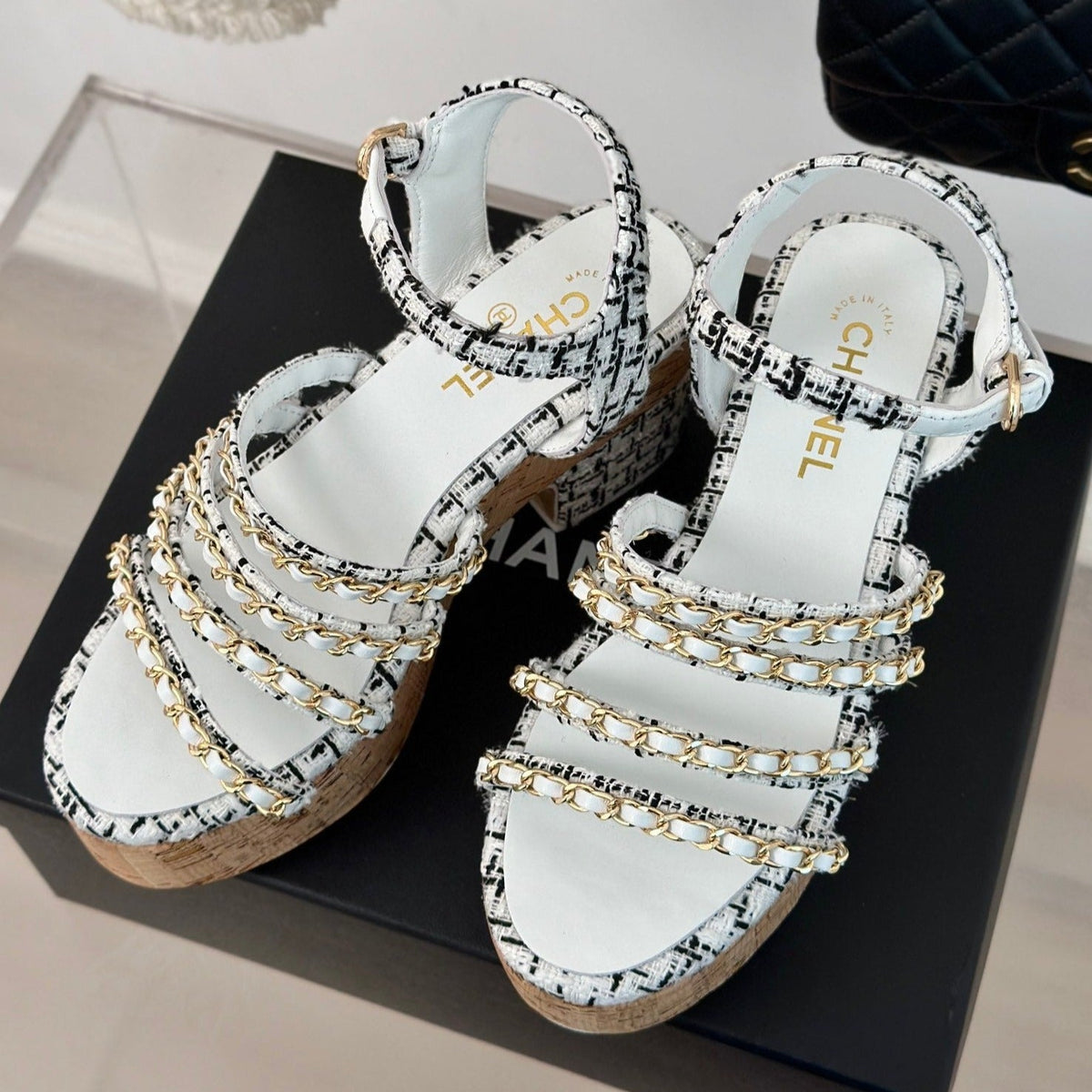 Chanel Double C Wooden Chain Platform Block Heel Sandals Black Caro/ White