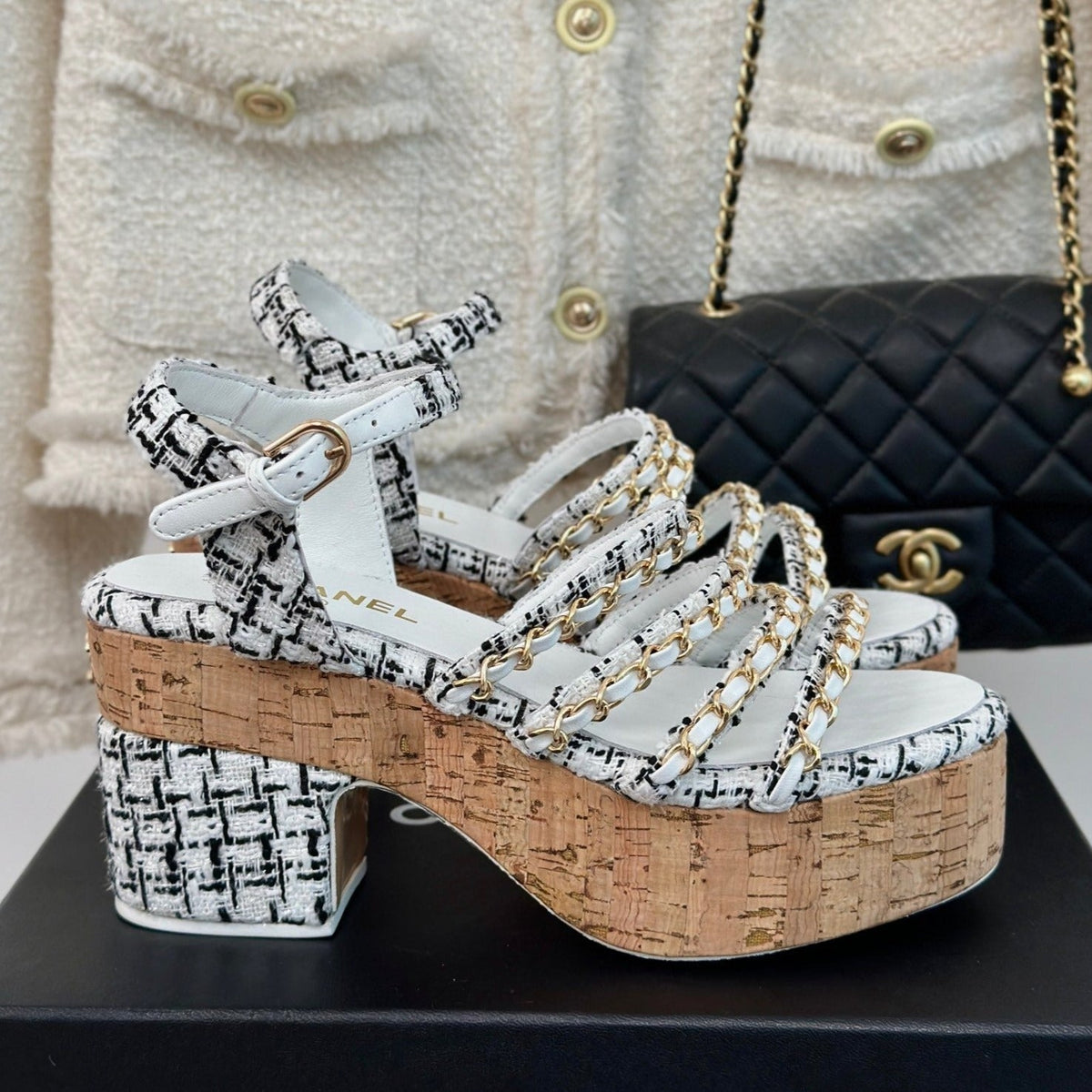 Chanel Double C Wooden Chain Platform Block Heel Sandals Black Caro/ White