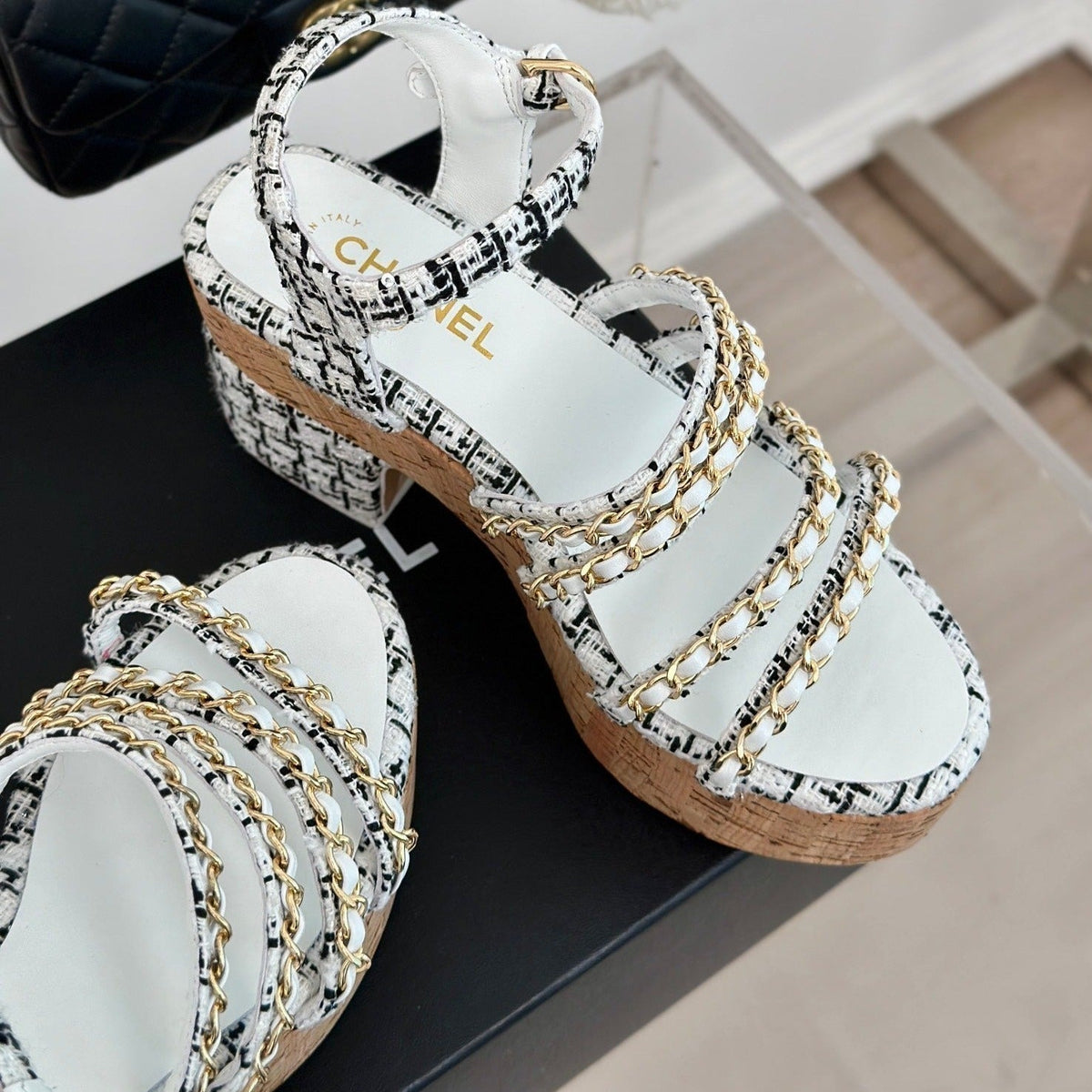 Chanel Double C Wooden Chain Platform Block Heel Sandals Black Caro/ White