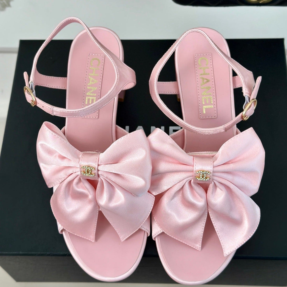 Chanel Double Big Bow High Sandal Sheepskin Light Pink