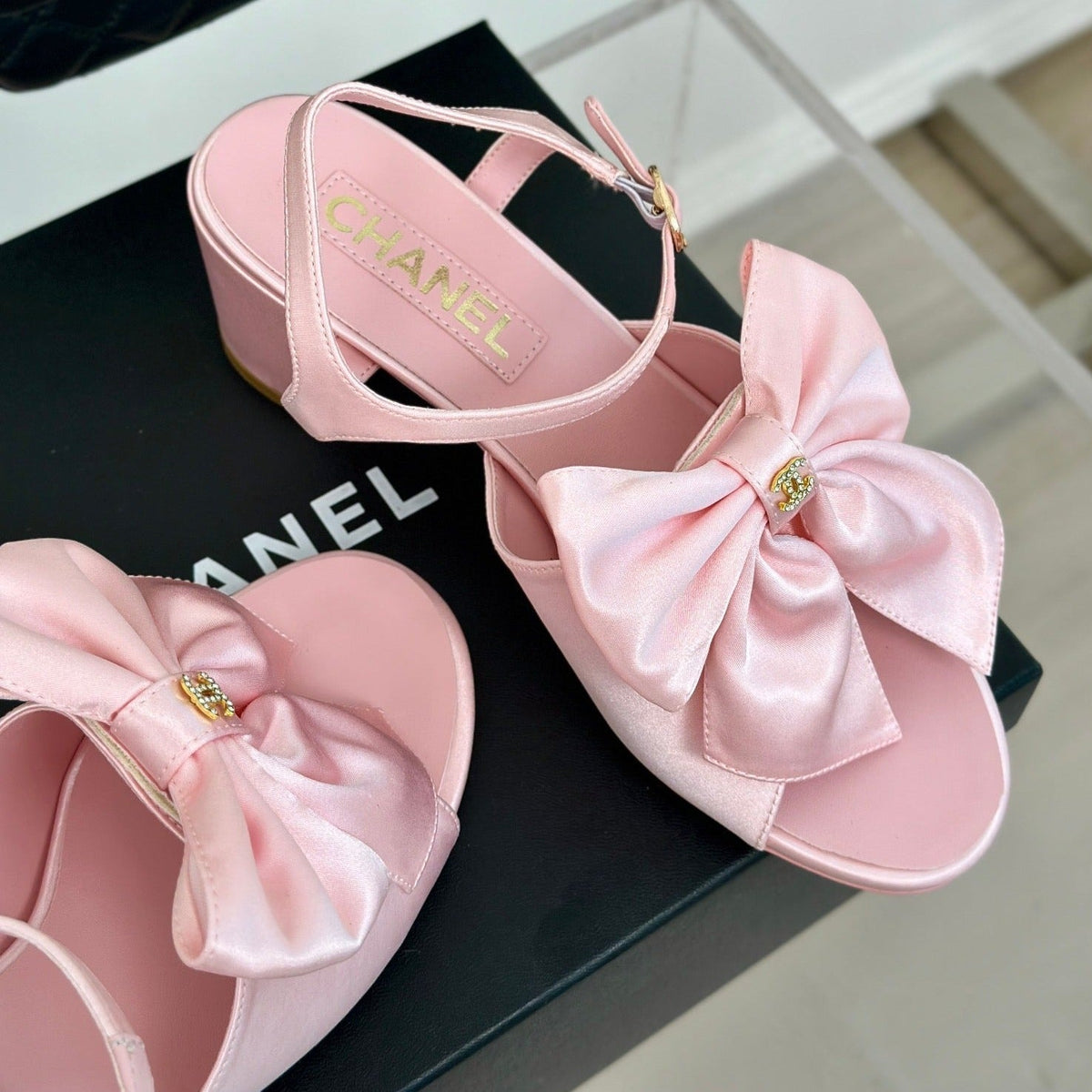Chanel Double Big Bow High Sandal Sheepskin Light Pink