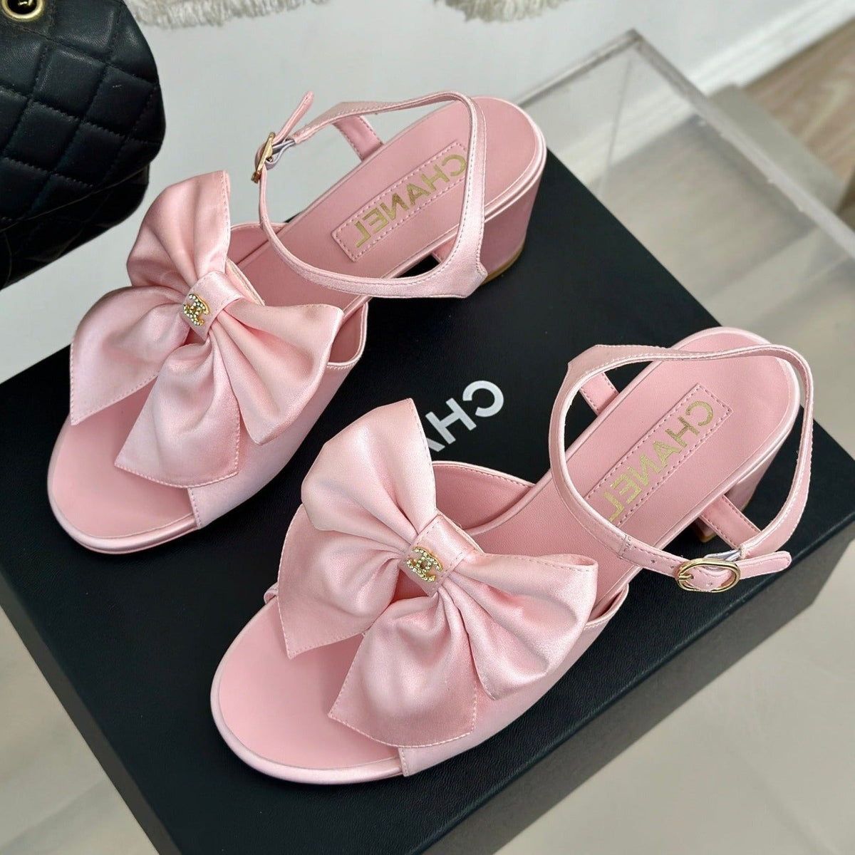 Chanel Double Big Bow High Sandal Sheepskin Light Pink