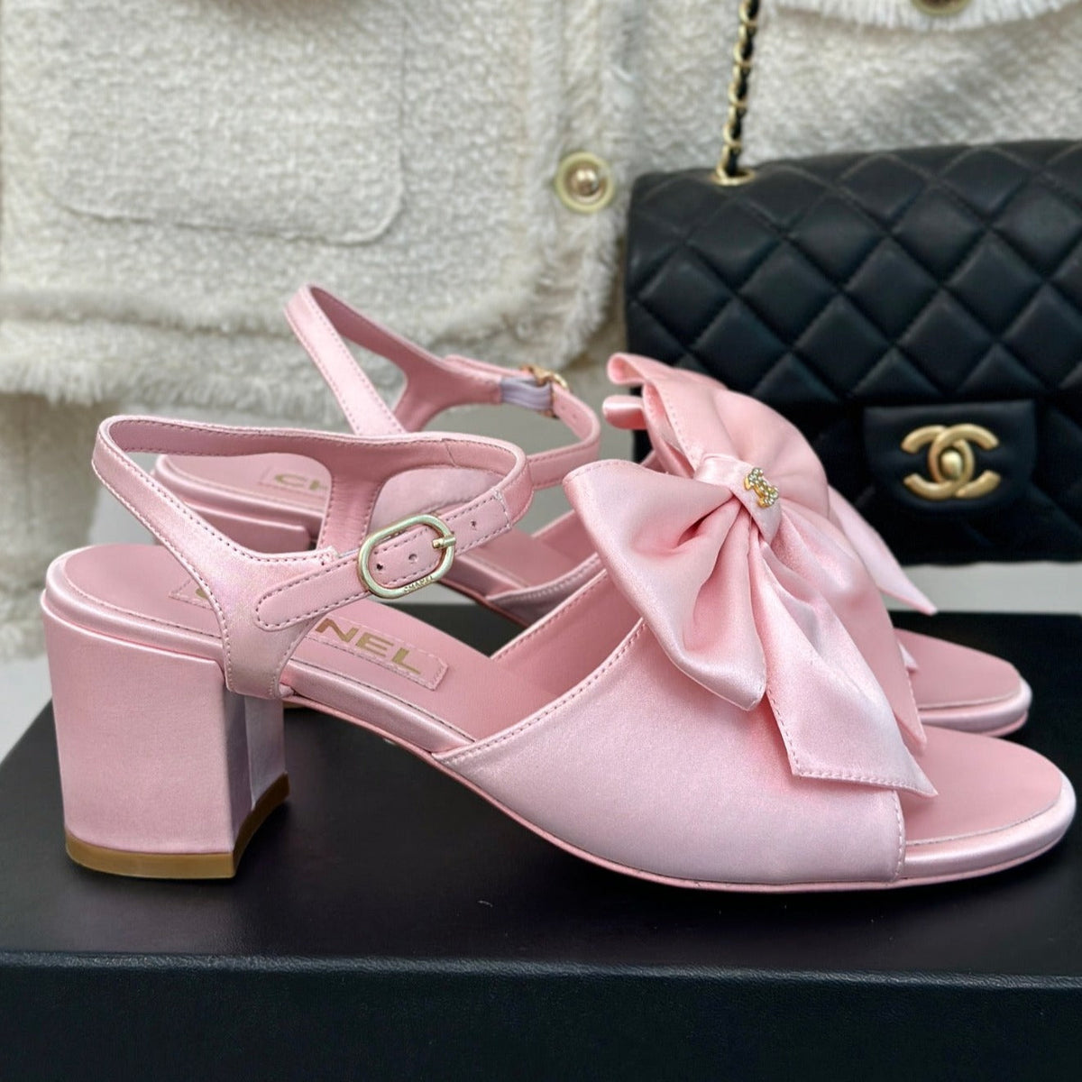 Chanel Double Big Bow High Sandal Sheepskin Light Pink