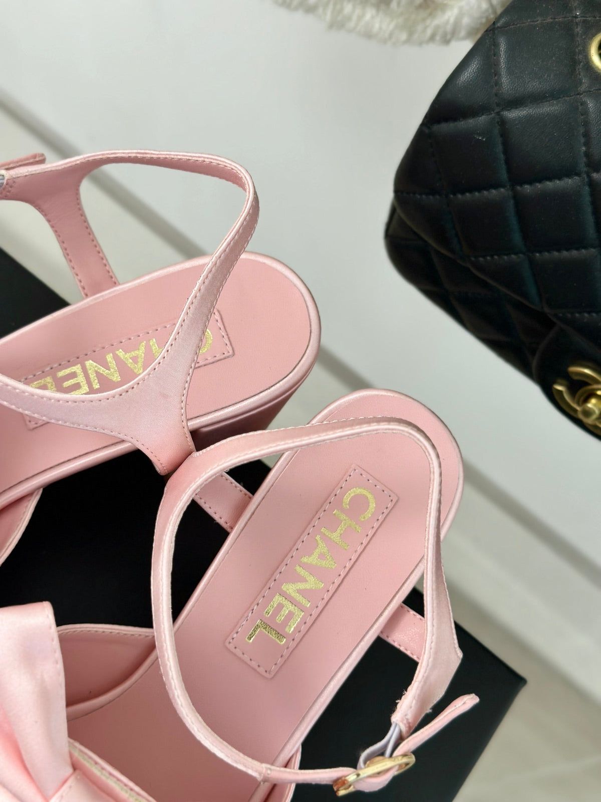 Chanel Double Big Bow High Sandal Sheepskin Light Pink