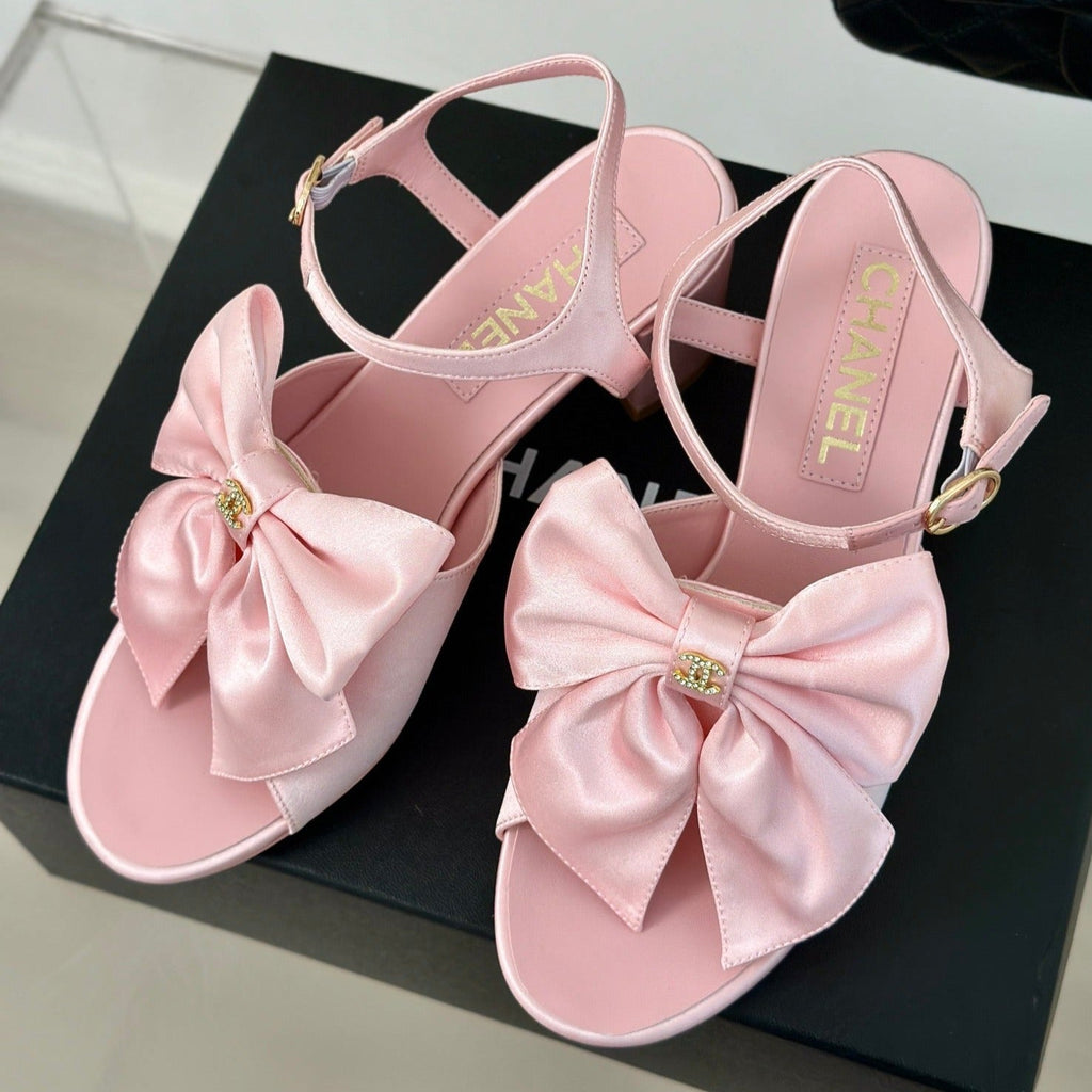 Chanel Double Big Bow High Sandal Sheepskin Light Pink