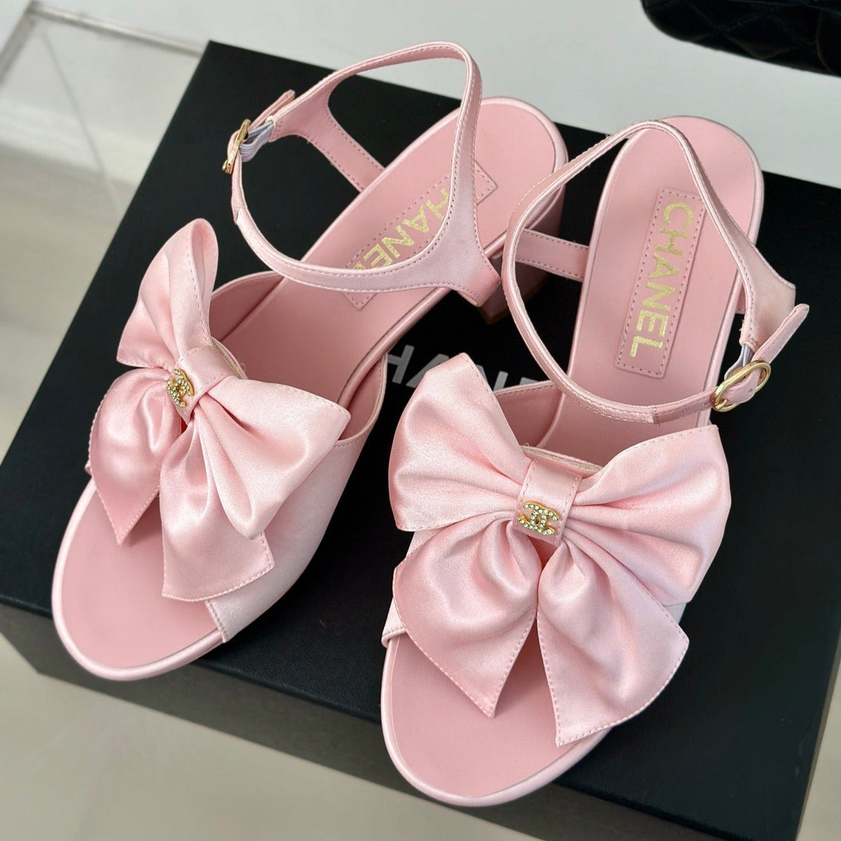 Chanel Double Big Bow High Sandal Sheepskin Light Pink