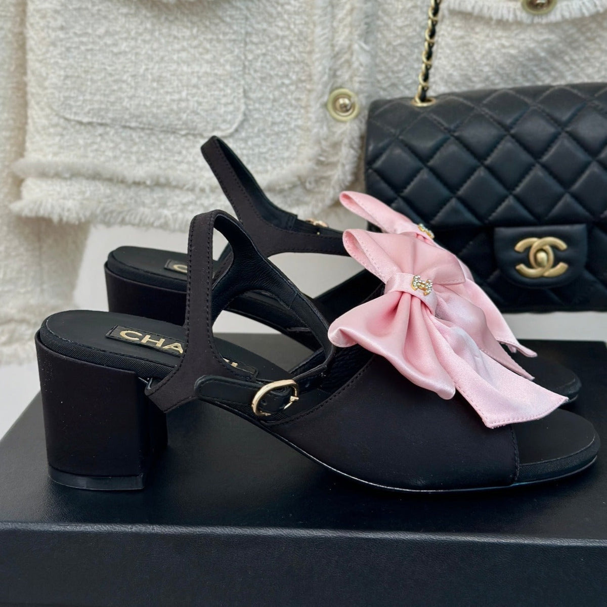 Chanel Double Big Bow High Sandal Sheepskin Light Pink/ Black