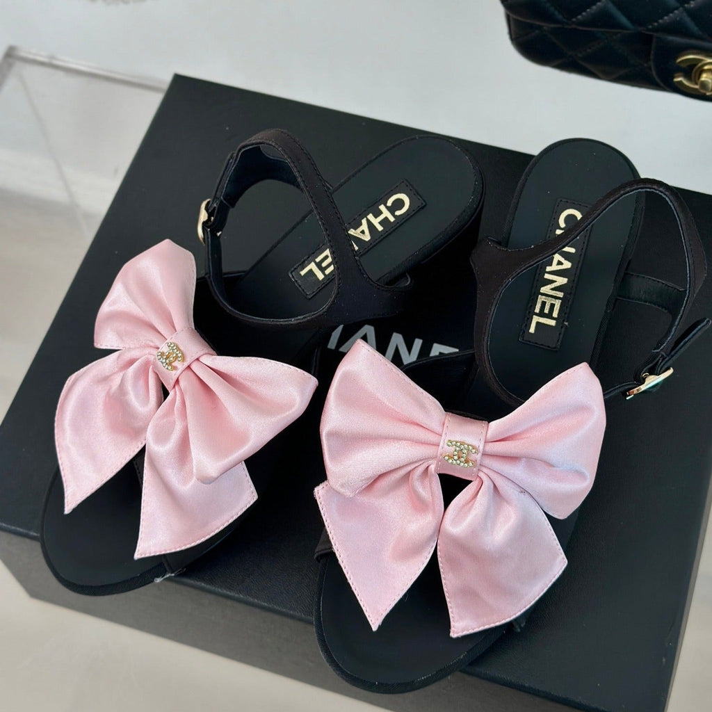 Chanel Double Big Bow High Sandal Sheepskin Light Pink/ Black