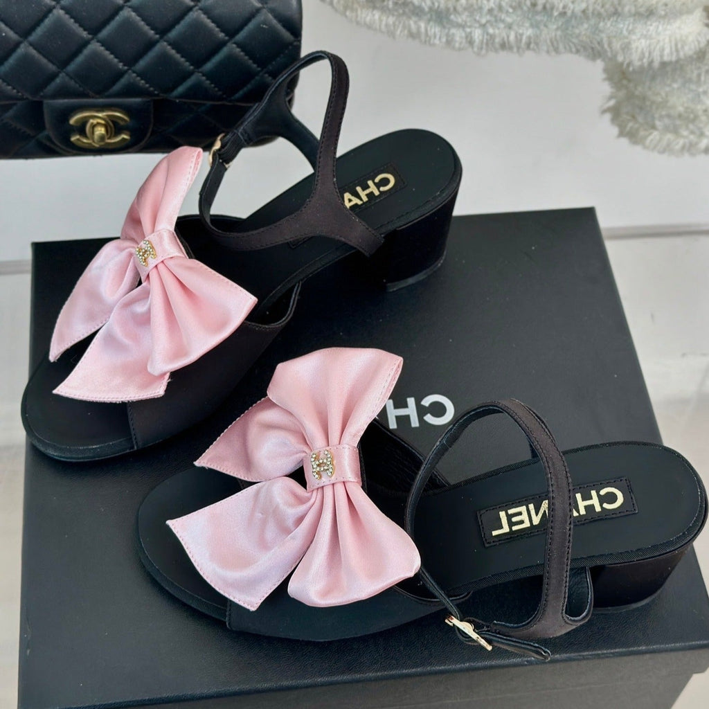 Chanel Double Big Bow High Sandal Sheepskin Light Pink/ Black