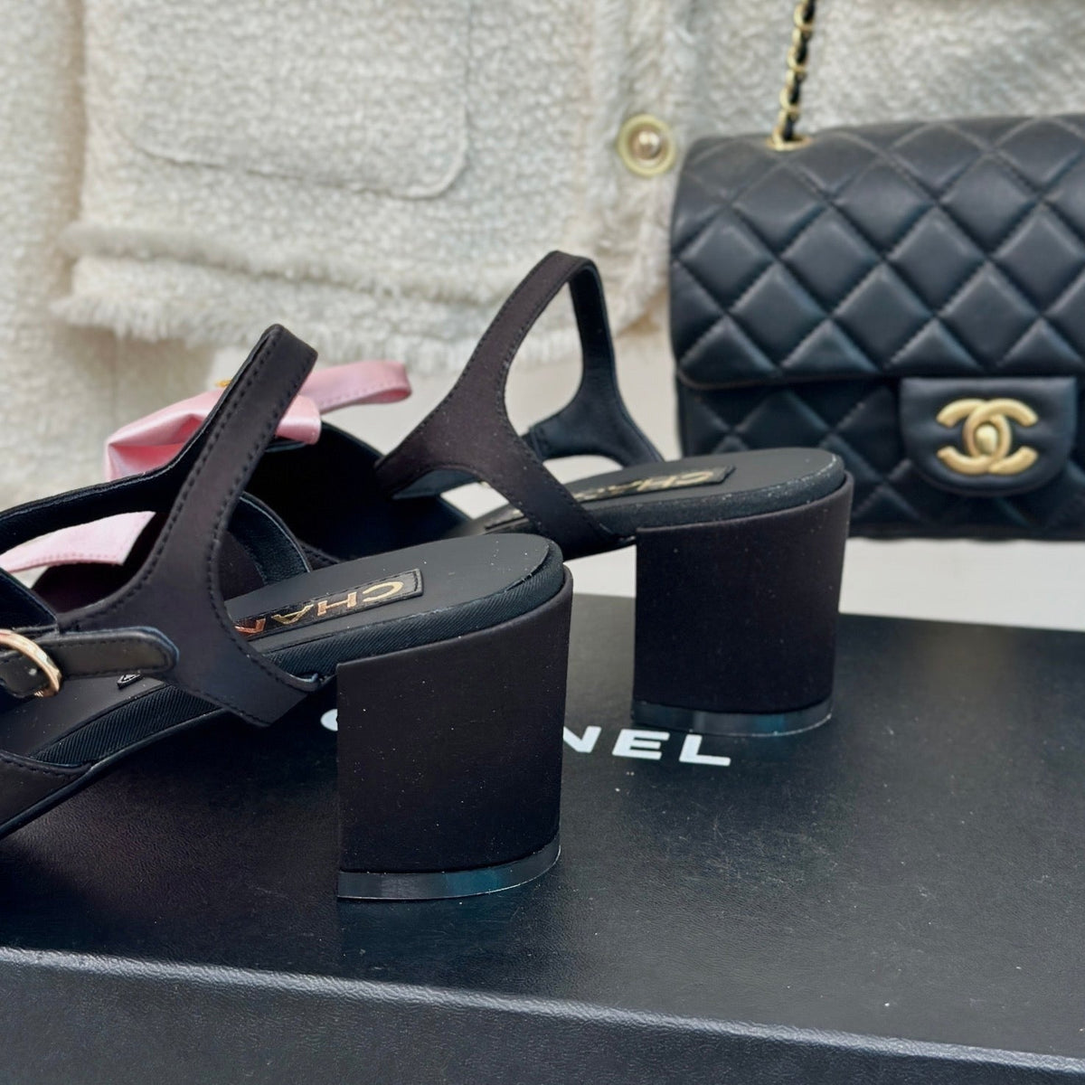 Chanel Double Big Bow High Sandal Sheepskin Light Pink/ Black