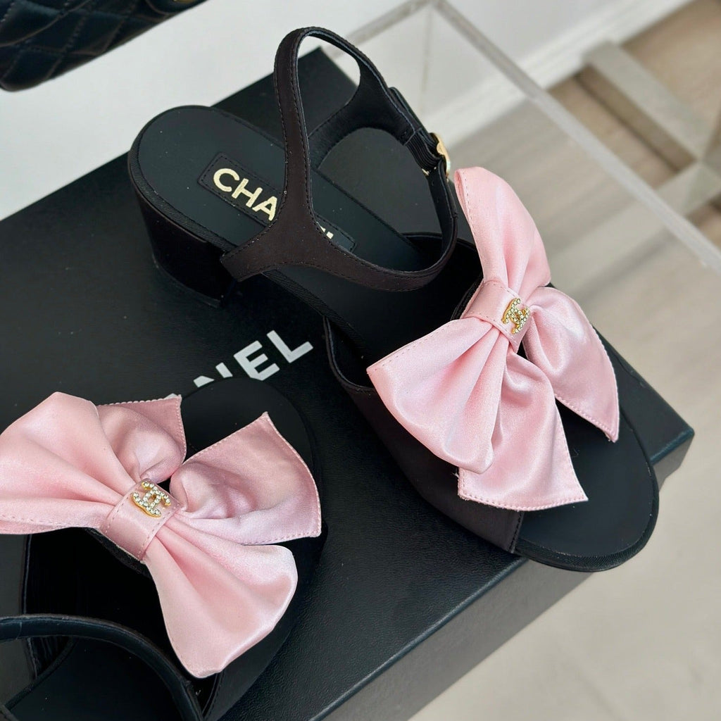 Chanel Double Big Bow High Sandal Sheepskin Light Pink/ Black