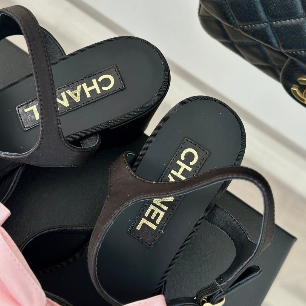 Chanel Double Big Bow High Sandal Sheepskin Light Pink/ Black