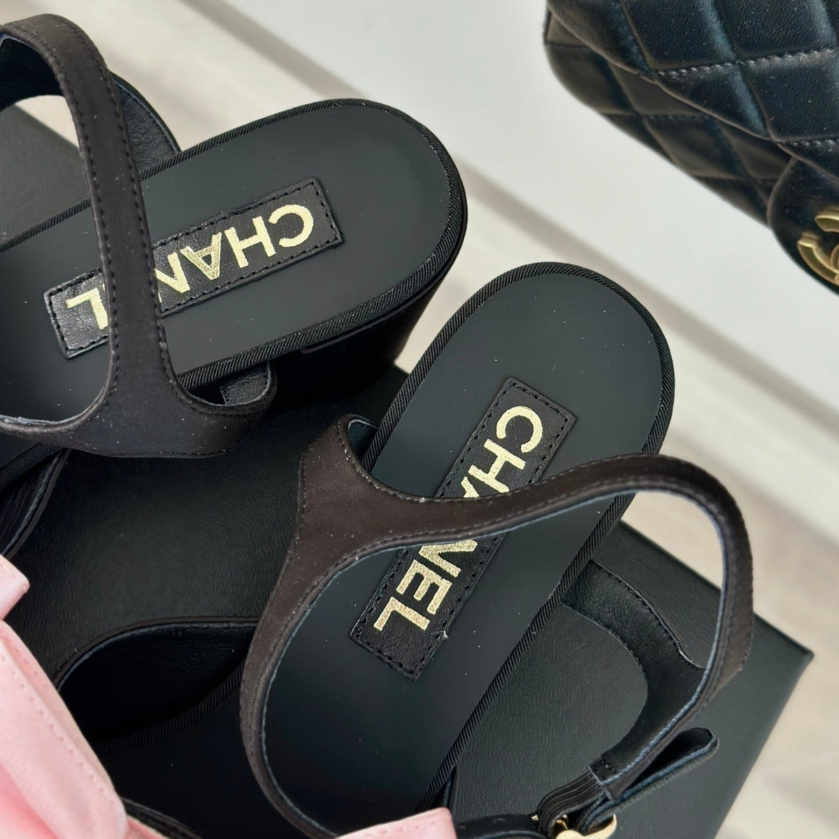Chanel Double Big Bow High Sandal Sheepskin Light Pink/ Black