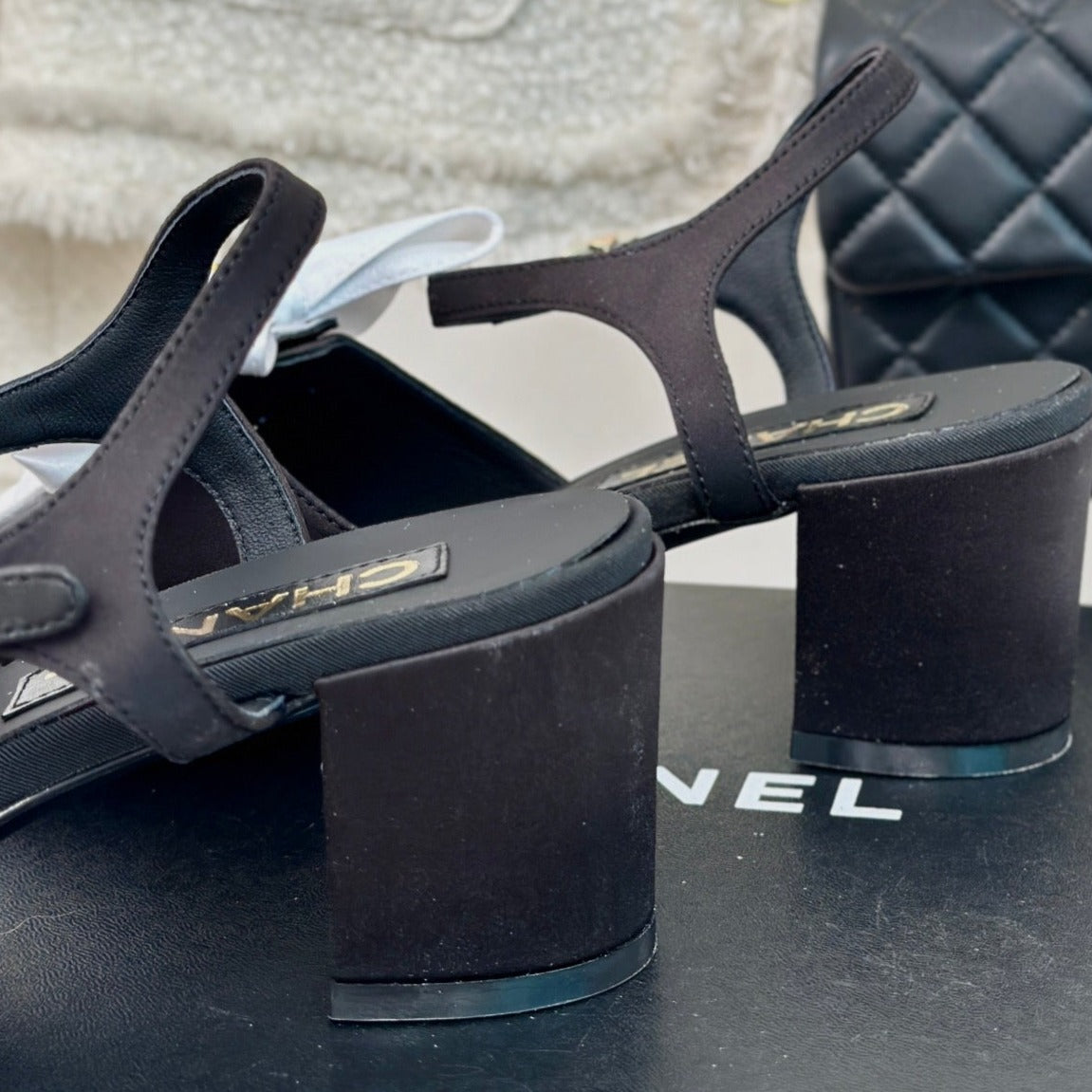 Chanel Double Big Bow High Sandal Sheepskin Black White