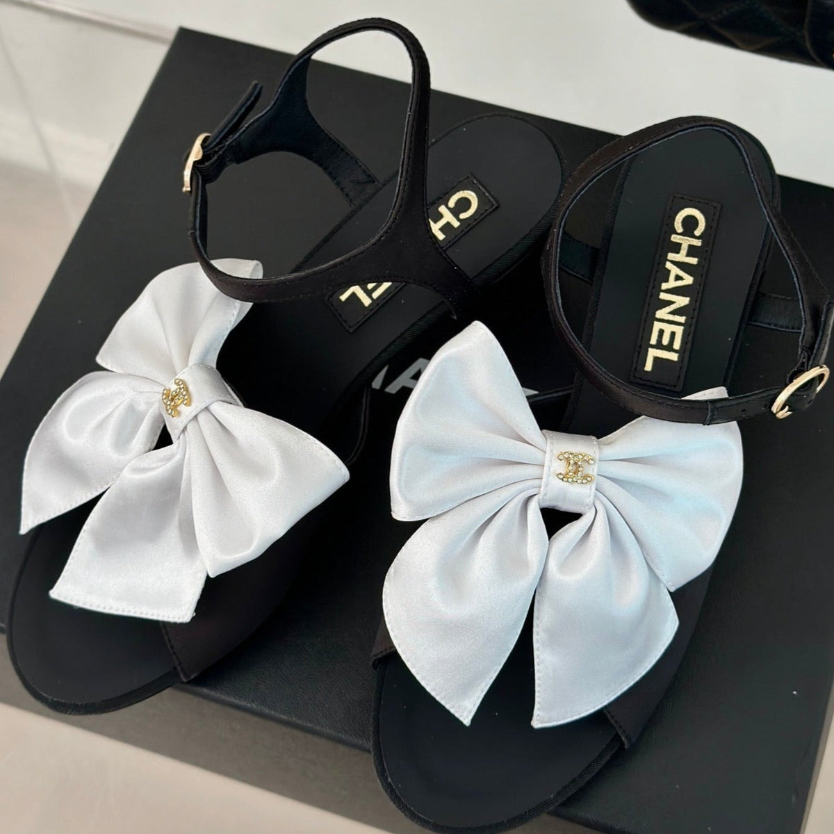 Chanel Double Big Bow High Sandal Sheepskin Black White