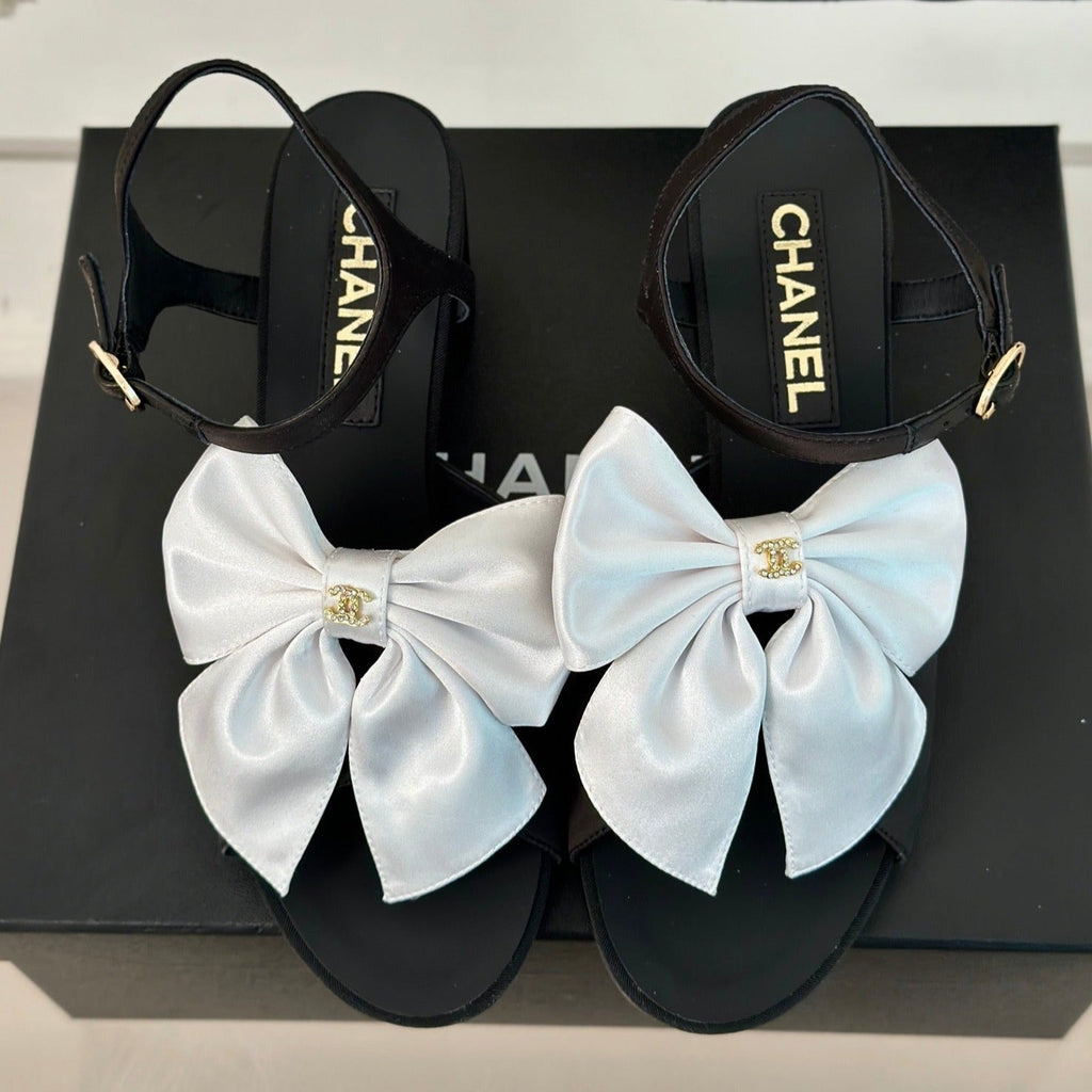 Chanel Double Big Bow High Sandal Sheepskin Black White