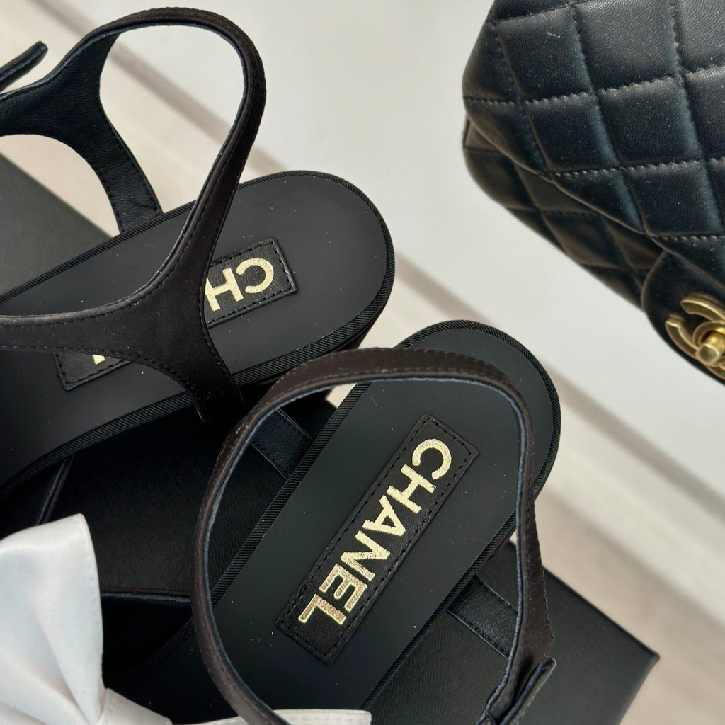 Chanel Double Big Bow High Sandal Sheepskin Black White